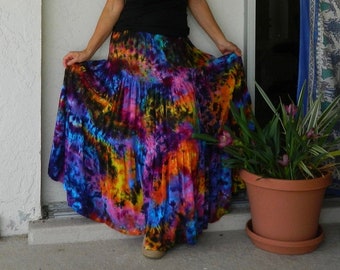 Deep Electric Rainbow Hand Dyed Tiedyed Rayon Gauze Long Skirt