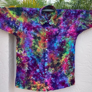 Hand Dyed Deep Electric Rainbow Tiedyed Button Down Rayon Hawaiian Style Button Down Shirt