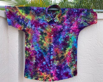 Hand Dyed Deep Electric Rainbow Tiedyed Button Down Rayon Hawaiian Style Button Down Shirt