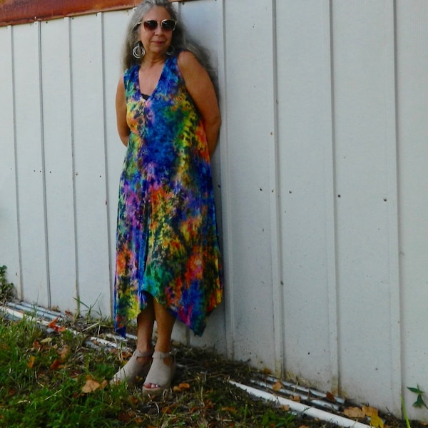 V Neckline and Handkerchief Hem Hand Dyed Tiedyed Dress with in Electric Rainbow and other choices