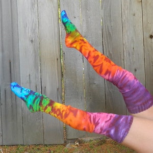 NEW Tie-dyed Bright Falling Rainbow Cotton Thigh High Leg Warmer Socks