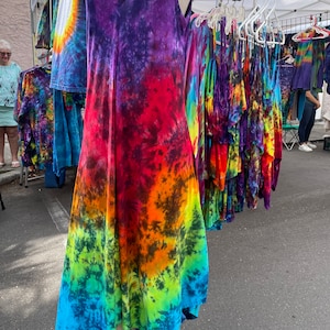 V Neckline and Handkerchief Hem Hand Dyed Tiedyed Dress with in Falling Rainbow