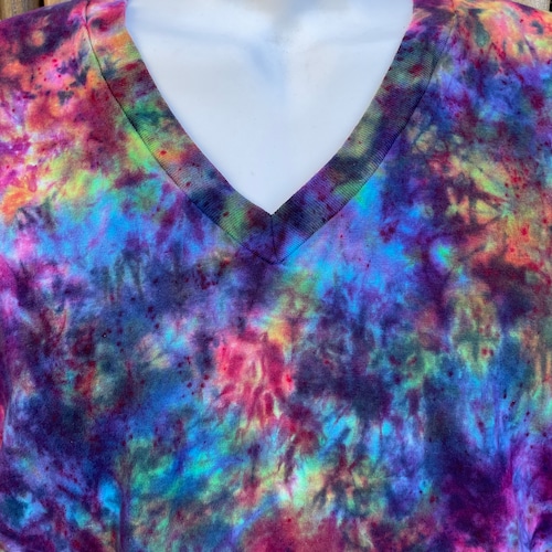Unisex V Neck  Cotton  Tiedyed Tee in Deep Electric Rainbow Color Combo