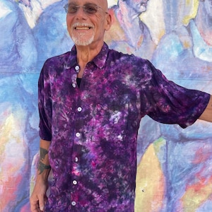 Hand Dyed Galactic Moonlight Tiedyed Button Down Rayon Hawaiian Mens Collared Shirt