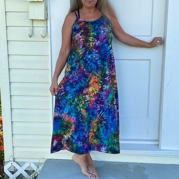 Hand dyed Tiedyed Rainbow Cotton Spaghetti Strap Dress in Deep Electric Rainbow or Sunny Summer