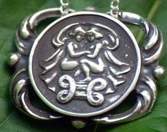 Gemini Medallion Necklace - Astrological Zodiac Sign Pendant - Sterling Silver or Brass