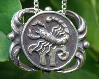 Scorpio Medallion Necklace - Astrological Zodiac Sign Pendant - Sterling Silver or Brass