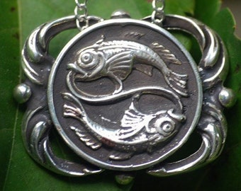 Pisces Necklace - Astrological Zodiac Sign Medallion Pendant - Sterling Silver or Brass