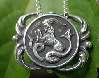 Capricorn Pendant Medallion Necklace - Astrology Zodiac Sign - Sterling Silver or Brass