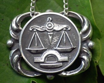 Libra Necklace - Astrological Zodiac Sign Medallion Pendant - Sterling Silver or Brass