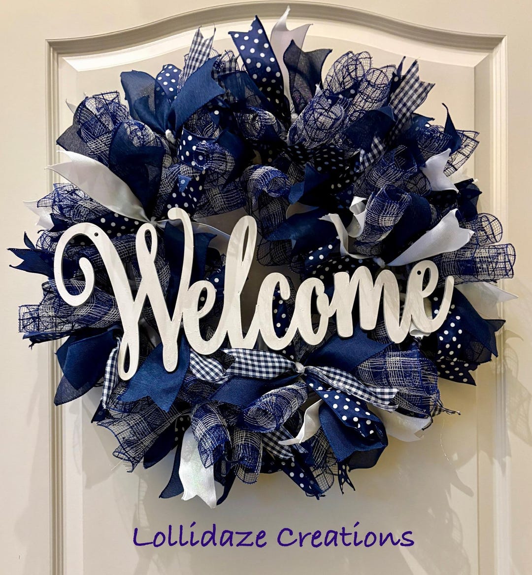 Welcome Anytime Navy Blue and White Anytime Welcome Wreath - Etsy