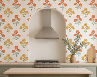 Block Print Floral Wallpaper – Removable Peel & Stick Farmhouse Wallpaper with Poppies and Daisies for Rustic Kitchen or Garden Cottage Wall