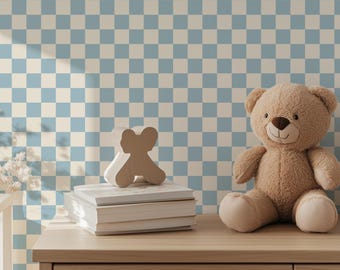 Blue Checkerboard Wallpaper – Light Blue and Cream Squares – Retro Checks Peel & Stick Wallpaper – Modern Baby Boy Nursery Wallpaper