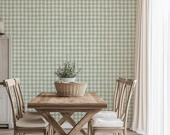 Hand-Painted Sage Green Gingham Wallpaper – Rustic Country Cottage Check Peel & Stick Wallpaper – Modern Farmhouse Wallpaper for Kitchen