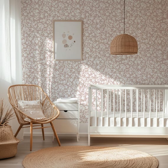 Soft Floral Wallpaper – Dusty Pink Girly Wallpaper | Peel and Stick Nursery Wallpaper – Gentle Delicate Ditsy Flowers – Boho Wildflowers