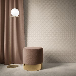 May include: A modern interior scene featuring a floor lamp with a spherical white light, a velvet ottoman with a gold base, and a patterned wallpaper. A floor-length curtain in a muted rose color is on the left.