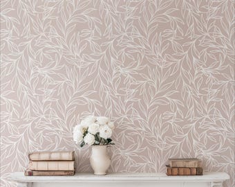 Dusty Pink Botanical Peel & Stick Wallpaper – Soft Rose Leaf Wallpaper – Romantic Modern Decor for Girl Bedroom or Nursery