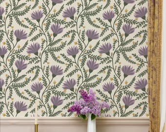 Purple Floral Wallpaper – Vintage Folk Enchanted Garden Wallpaper – Cottagecore Peel & Stick Wallpaper for Bedroom, Kitchen, or Living Room