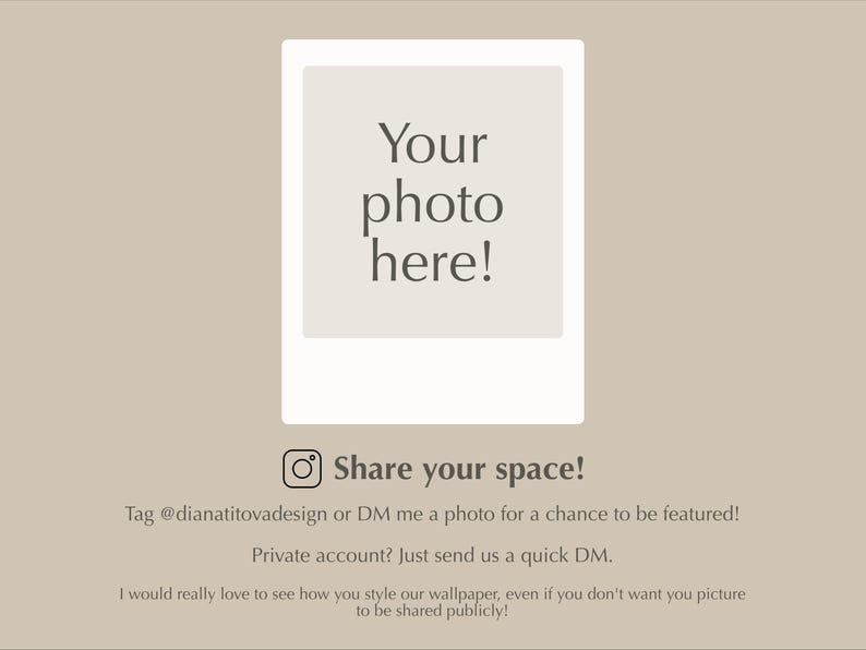 May include: A digital image of a white polaroid-style frame with the text "Your photo here!" in a dark gray font. Below the frame is an Instagram logo with the text "Share your space!" and additional text.