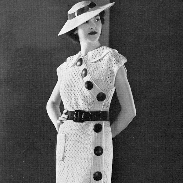 1930s Crochet Sports Dress- BIG BUTTONS- PDF Crochet E-Pattern Download- Size 34" Bust