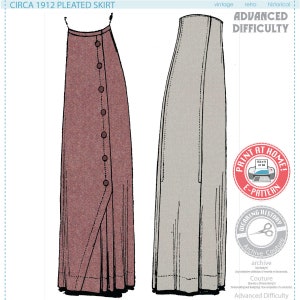 May include: A vintage sewing pattern for a pleated skirt from circa 1912. The pattern is labeled "Advanced Difficulty" and includes instructions for printing at home. The skirt has a button closure and a side slit.