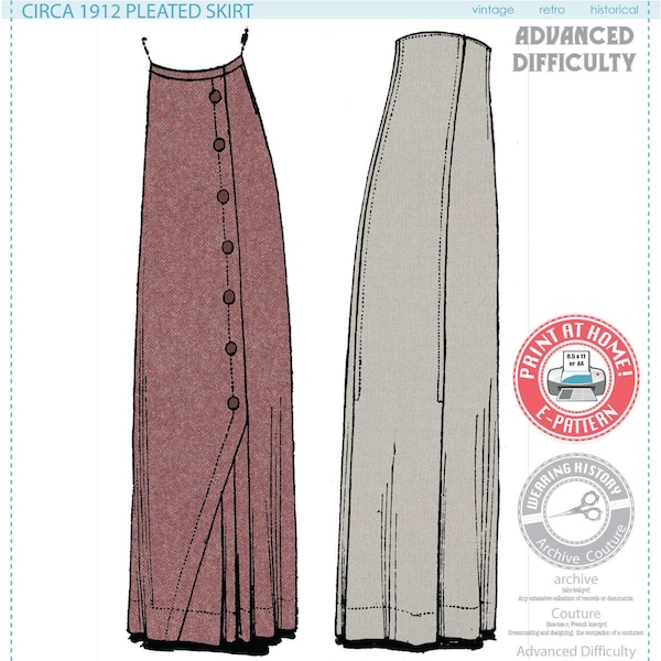 E-Pattern-  1912 Pleated Skirt- Waist 26"- 1900s 1910s Edwardian - Wearing History PDF 1910 Vintage Historical Costume Sewing Pattern