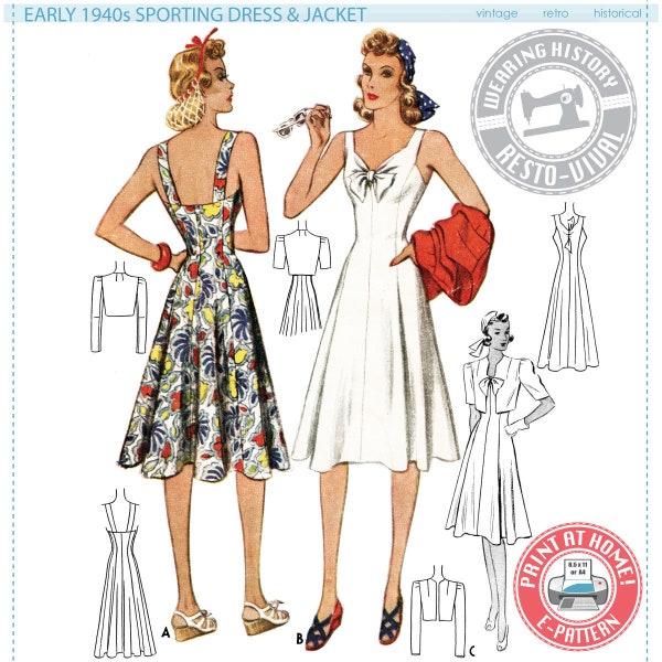 E-Pattern- Early 1940s Sports Dress and Jacket Pattern- 40s 1940s- Wearing History PDF Vintage Sewing Pattern