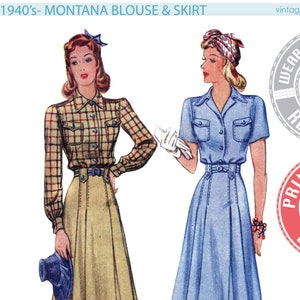 E-PATTERN- Montana- Early 1940s Blouse & Skirt Pattern- Bust 30-42"- Wearing History PDF Download 1940s 40s