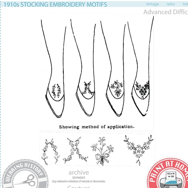 Edwardian 1910s Embroidery Motifs For Stockings & Lingerie - PDF Download 1900 WW1 Pattern