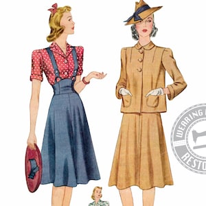 Può includere: Due donne vestite con la moda degli anni '40. La donna a sinistra indossa una blusa a pois rossi e bianchi con una gonna a bretelle blu. La donna a destra indossa una giacca e una gonna color beige. Il testo "EARLY 1940s BLOUSE, SUSPENDER SKIRT, & JACKET" è in alto nell'immagine.