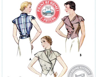 E-patroon- jaren 1930 zomerblouse patroon - jaren 1930 Art Deco Double Breasted - Dragen Geschiedenis PDF Vintage Naaipatroon
