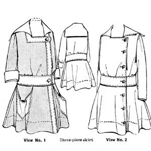 Op de afbeelding: Een zwart-witte naaipatroonillustratie voor een meisjesjurk uit circa 1916. Het ontwerp toont twee aanzichten van een jurk met een brede kraag, lange mouwen, een ceintuur in de taille en een uitlopende rok. Tekst bevat Circa 1916- Girls Dress, View No. 1, View No. 2, Three-piece skirt en SIZE 6 ONLY.