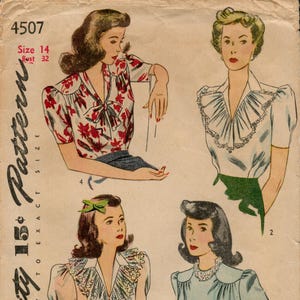 Vintage 1940s WWII Era Blouse with Jabots- Size 14- Bust 32- Simplicity 4507 40s vintage sewing pattern