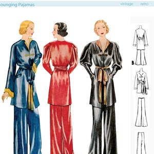 以下が含まれることがあります： 1930年代のラウンジパジャマを着た女性のイラストが3つあります。パジャマは青、赤、黒です。左側のイラストは黄色のサッシュをつけた青いパジャマを着ています。真ん中のイラストは黒いサッシュをつけた赤いパジャマを着ています。右側のイラストは茶色のサッシュをつけた黒いパジャマを着ています。画像の上部には「1930s Lounging Pajamas」というテキストがあります。画像の下部には「Intermediate/Advanced Difficulty」というテキストがあります。