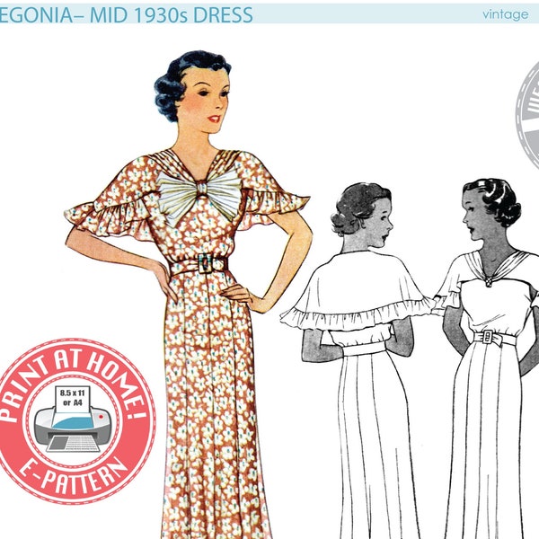 E-Pattern- Begonia– Bust 30"-42"- Mid 1930s Dress Pattern- Wearing History PDF Vintage Sewing Pattern