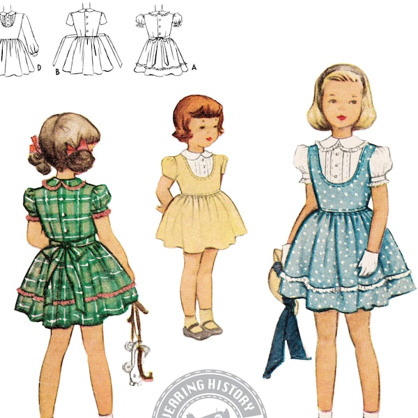 PRINTED PATTERN- Late 1940's Girl's Size 2 Dress with Pleated Inset Yoke Pattern- Wearing History PDF Download Pattern Children 40s 50s