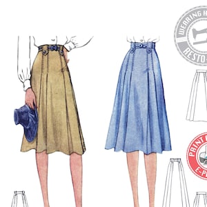 May include: An illustration of two vintage skirts, one tan and one blue, from the early 1940s. The skirts have a high waist and a flared silhouette. The image includes the text "EARLY 1940's- MONTANA SKIRT ONLY" and "E-PATTERN".