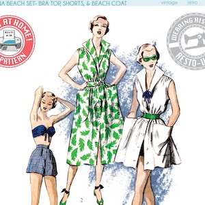 May include: A vintage sewing pattern for a beach set, featuring a bra top, shorts, and a beach coat. The pattern includes three views, with the beach coat having a green leaf print and the other two views being solid white. The pattern is labelled "Laguna Beach Set" and "Print at Home E-Pattern".