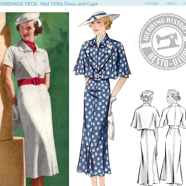 PRINTED PATTERN- Mid 1930s Dress & Cape Pattern- Bust 30-44"- "Promenade Deck"- Wearing History Physical Mailed Pattern