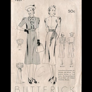 May include: Vintage Butterick sewing pattern featuring a three-piece ensemble for women. The illustration shows a bolero jacket, a six-gored flared skirt, and a blouse. The pattern includes sizes and a price of 50 cents.