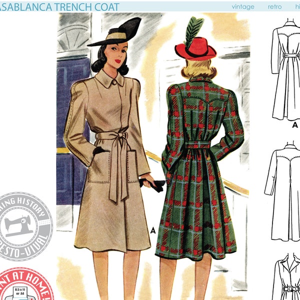 E-Pattern - 1940s "Casablanca" Trench Coat Pattern - Tailles 30-46" Buste Wearing History PDF Download Pattern