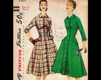 Vintage 1950s Size 14- Bust 32- One-Piece Princess Dress Pattern- Simplicity 1307- Vintage Sewing Pattern 50s