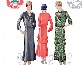 May include: Three vintage illustrations of women wearing 1930s dresses. The dresses are all knee-length and have different styles, including a black dress with a bow, a red dress with tiers, and a green dress with a floral print. The illustrations are from a vintage pattern book.