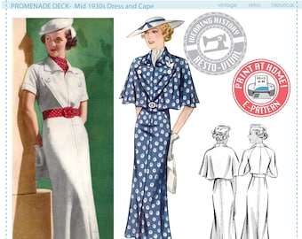 E-PATTERN- Mid 1930s Dress & Cape Pattern- Bust 30-44"- "Promenade Deck"- Wearing History PDF Download 1930s 30s