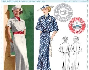 E-PATTERN- Mid 1930s Dress & Cape Pattern- Bust 30-44"- "Promenade Deck"- Wearing History PDF Download 1930s 30s