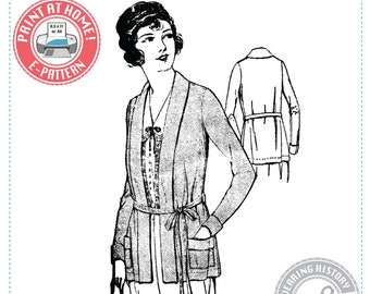 E-Pattern-  Early 1920s SEWING PATTERN Knit Cardigan Sweater -Wearing History PDF 1900 Vintage Historical Costume Sewing Pattern 20s Flapper