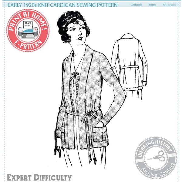 E-Pattern-  Early 1920s SEWING PATTERN Knit Cardigan Sweater -Wearing History PDF 1900 Vintage Historical Costume Sewing Pattern 20s Flapper