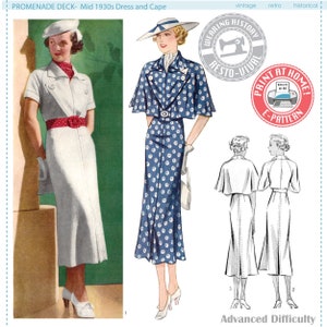 E-PATTERN- Mid 1930s Dress & Cape Pattern- Bust 30-44"- "Promenade Deck"- Wearing History PDF Download 1930s 30s