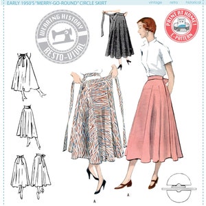 E-PATTERN- Early 1950's Merry-Go-Round Circle Skirt- Waist Sizes 24"-46" Wearing History PDF Download Pattern