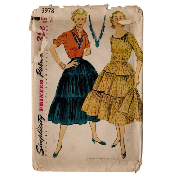 Vintage 1950s Western Square Dance Style Dress- Size 12- Bust 30- Simplicity 3978 50s Vintage Sewing Pattern